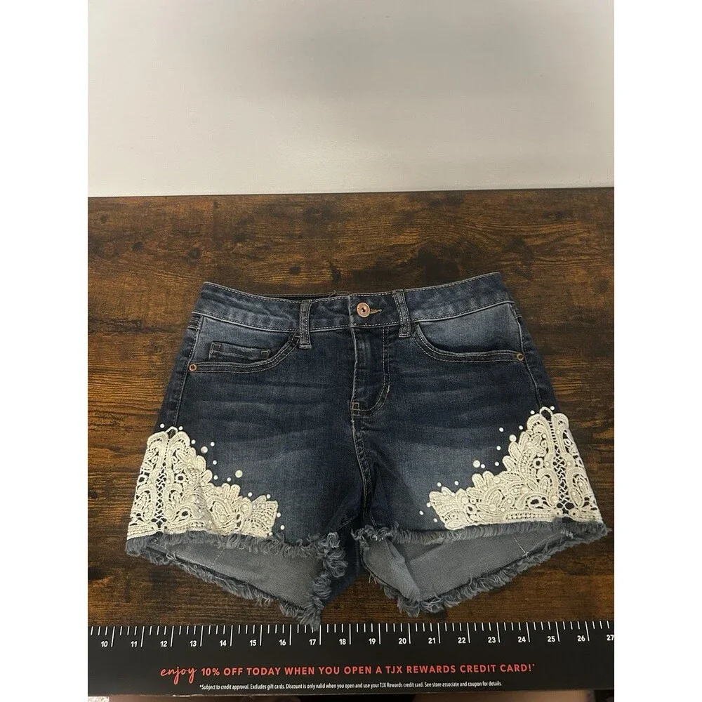 Girls Blue Denim Jean Shorts White Lace Trim & Pearl Accents Size 5 Years